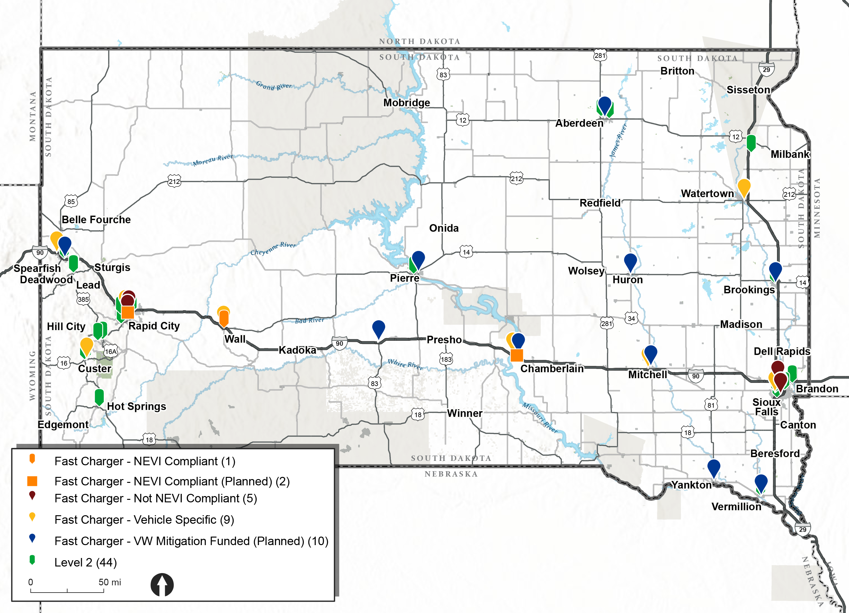 Map showing location of different types of fast chargers throughout the state. Most are located along I-90 and other major highways.